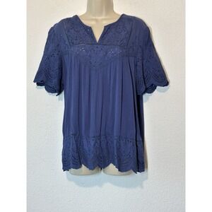 Sz XL Boho Peasant Top Flutter Sleeve Blouse Blue Embroidered Cottagecore
